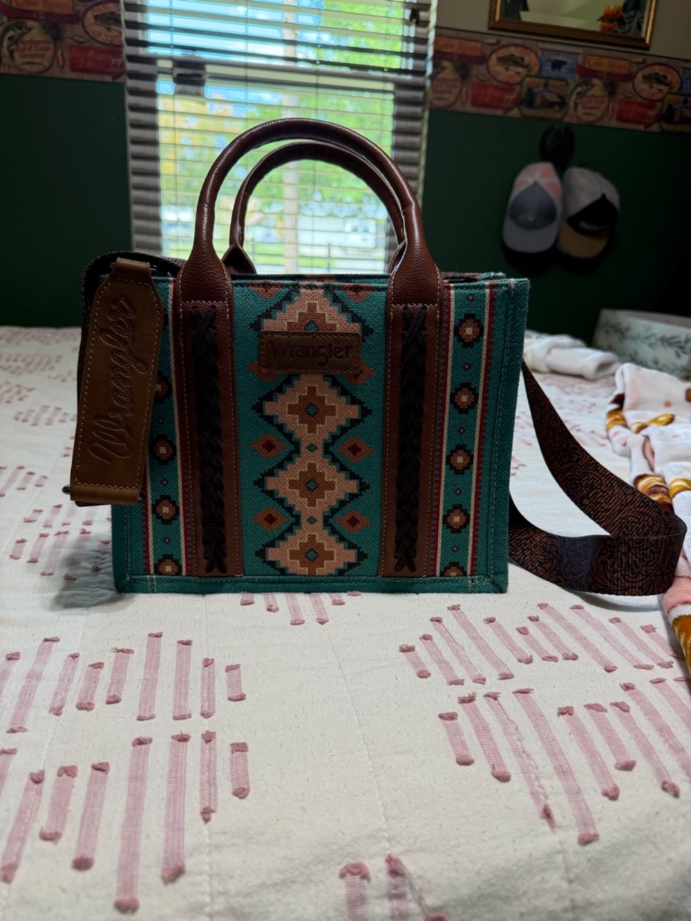 Wrangler Turquoise Southwestern Crossbody Bag with Brown Leather Trim